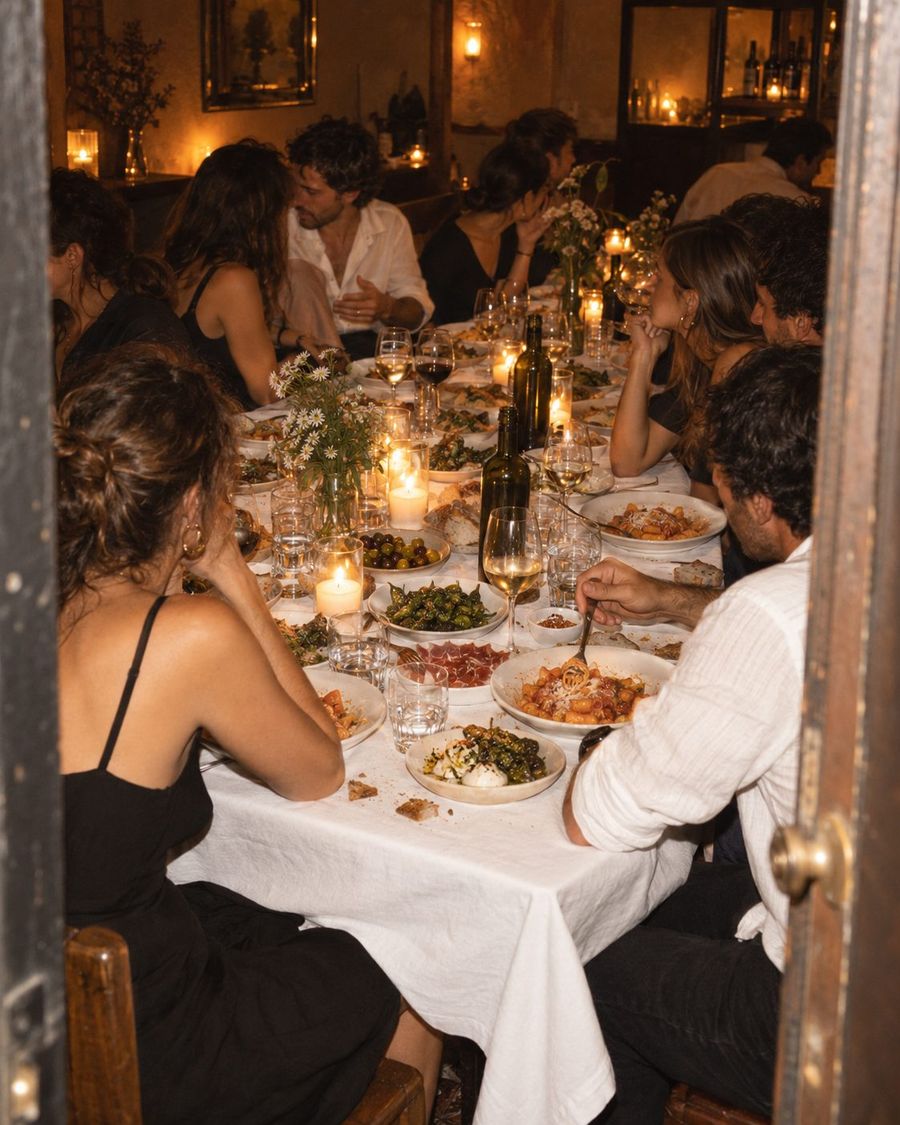 A long candlelit table seen through a doorway